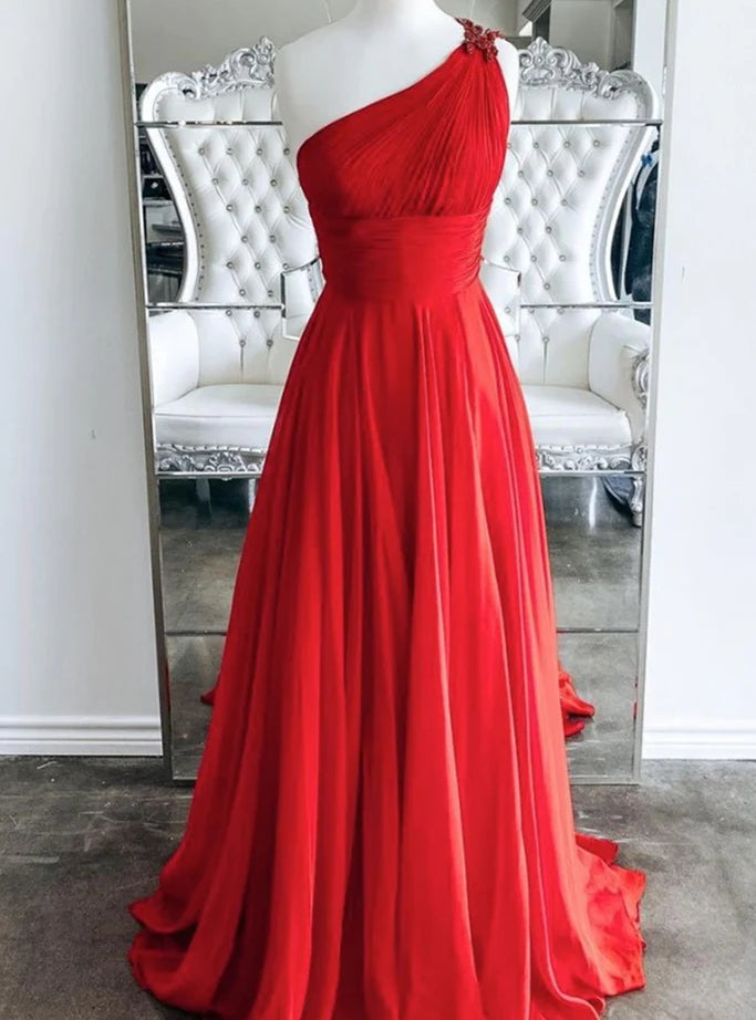 Red One Shoulder Pleats Prom Dress