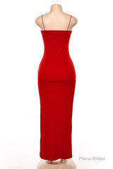 Red Party Dress, Gorgeous Spaghetti-Straps Mermaid Prom Dress Long With Split Evening gowns