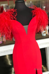 Red Prom Dress Mermaid V Neck Long Party Evening Dress with Feathers