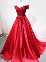 Red Saqtin Off the Shoulder Appliques Prom Dresses