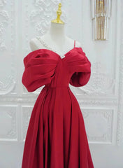 Red Satin A-line Straps Long Evening Dresses, Red Long Party Dresses