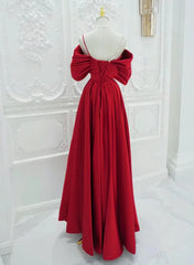 Red Satin A-line Straps Long Evening Dresses, Red Long Party Dresses