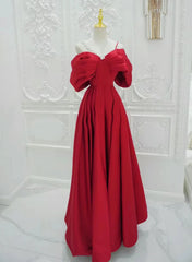 Red Satin A-line Straps Long Evening Dresses, Red Long Party Dresses