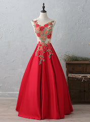 Red Satin Appliques Prom Dresses