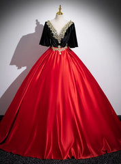 Red Satin Black Velvet Appliques Quinceanera Dresses