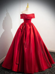 Red Satin Off the Shoulder Pleats Pearls Prom Dresses