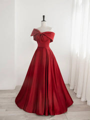 Red Satin One Shoulder Long Party Dresses with Bow Red Off Shoulder Prom Dresses prom Dresses shops