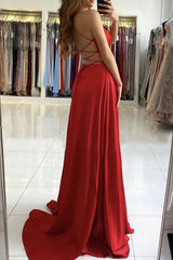 Red Satin Simple Long V-neckline Prom Dresses Red A-line Floor Length Party Dresses prom Dresses shops