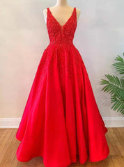 Red Satin V-neck Appliques Prom Dresses