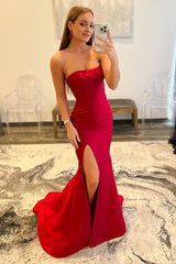 Red Strapless Mermaid Prom Dress With Slit