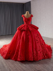 Red Tulle 3D Flower Ball Gown Prom Dresses