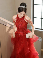 Red Tulle Halter A-line Long Evening Dresses, Red Tulle Prom Dresses Party Dresses