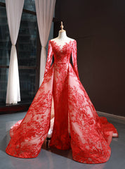 Red Tulle Lace Appliques Long Sleeve Prom Dresses With Train