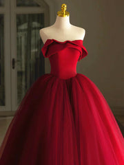 Red Tulle Long Scoop Long Prom Dress Party Dress, Red Evening Dress