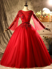 Red Tulle Long Sleeve Beading Sequins Quinceanera Dress