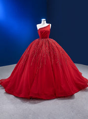 Red Tulle One Shoulder Beading Pearls Prom Dresses