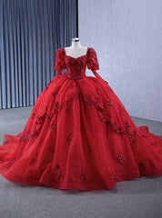 Red Tulle Sequins Appliques Long Sleeve Prom Dresses