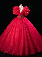 Red Tulle Sequins Beading Pearls Quinceanera Dresses