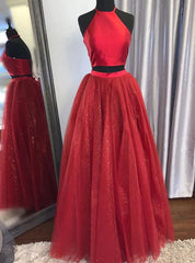 Red Tulle Sequins Two Piece Halter Prom Dresses