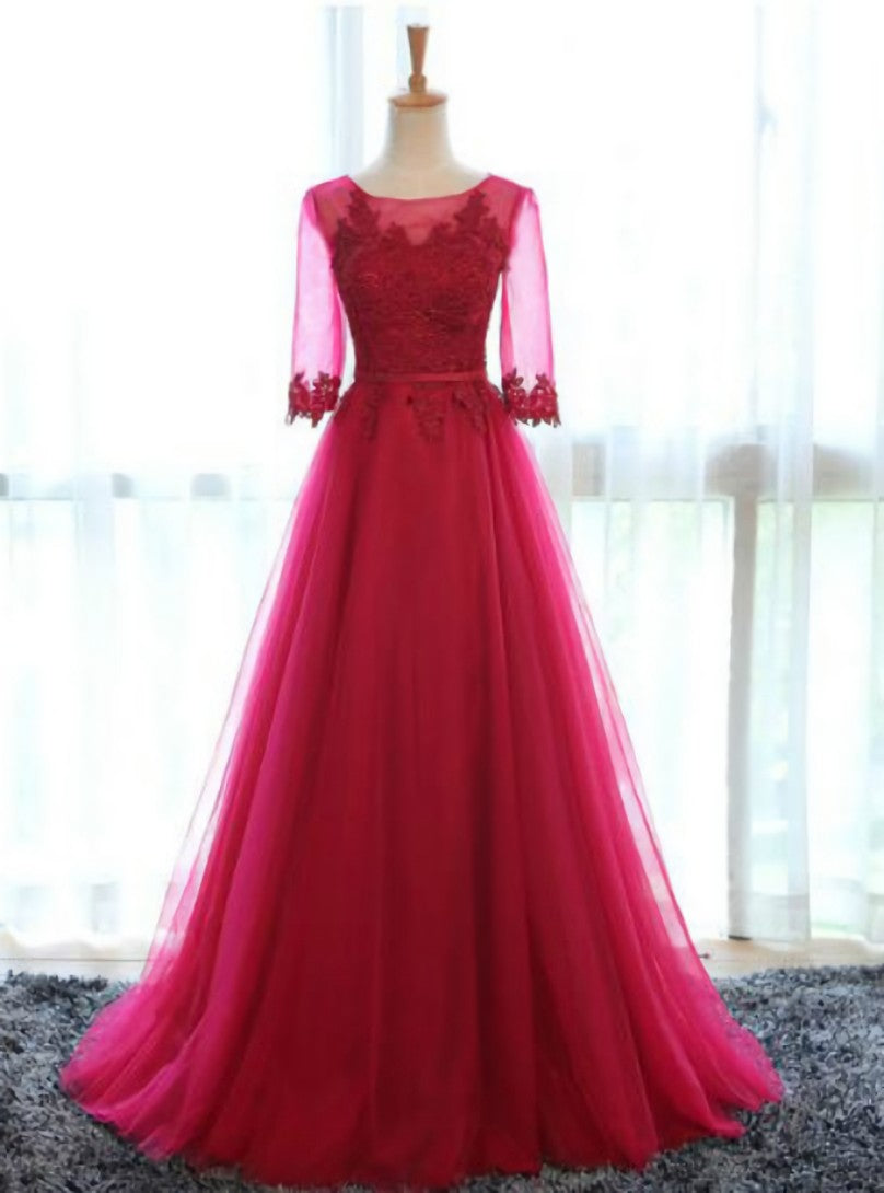 Red Tulle Short Sleeve Lace Bridesmaid Dress