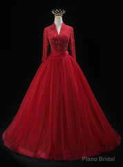 Red Tulle V-neck Long Sleeve Beading Prom Dress