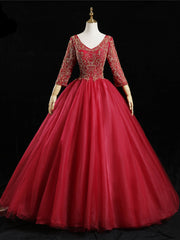 Red Tulle V-neck Long Sleeve Beading Quinceanera Dresses