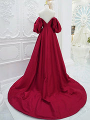 Red V Neck Satin Long Prom Dresses, Red Puff Sleeves Satin Long Formal Dresses