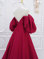 Red V Neck Satin Long Prom Dresses, Red Puff Sleeves Satin Long Formal Dresses