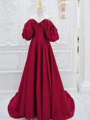 Red V Neck Satin Long Prom Dresses, Red Puff Sleeves Satin Long Formal Dresses