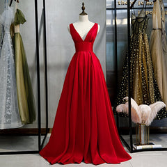 Red V-neckline Satin Floor Length Prom Dresses Red Evening Gown prom Dresses shops