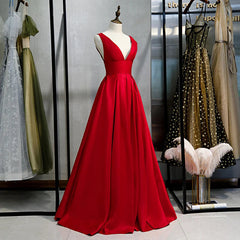 Red V-neckline Satin Floor Length Prom Dresses Red Evening Gown prom Dresses shops