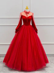 Red Velvet Tulle Long Sleeve Prom Dresses