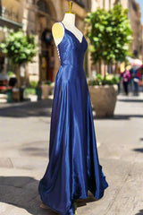 Royal Blue A-line V Neck Prom Dresses Spaghetti Straps Long/Floor-Length Charmeuse Fromal Dresses With Pleated