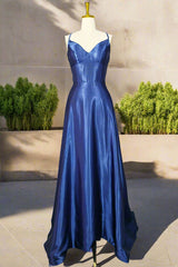 Royal Blue A-line V Neck Prom Dresses Spaghetti Straps Long/Floor-Length Charmeuse Fromal Dresses With Pleated