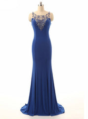 Royal Blue Beading Sheer Neck Mermaid Illusion Dresses