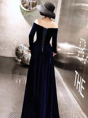 Royal Blue Classic Evening Dresses Velvet Long Sleeve Off Shoulder Prom Dresses