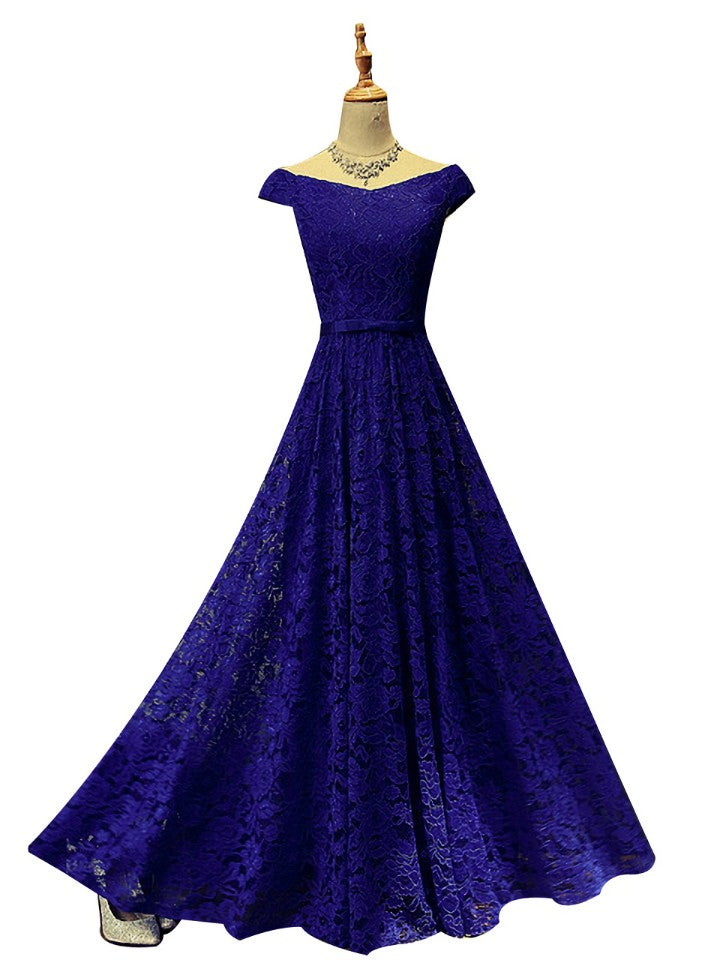 Royal Blue Lace Evening Dress Floor-length Bridesmaid Dress