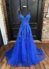 Royal Blue A-line Strap V Neck Open Back Tulle Formal Prom Dresses