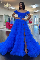 Royal Blue Off the Shoulder Ruffle Tiered Tulle Long Prom Dresses with Slit