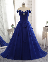 Royal Blue Prom Dresses Luxury Tulle Beaded Bow Gown