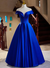 Royal Blue Satin A-line Long Evening Dresses, Royal Blue Prom Dresses