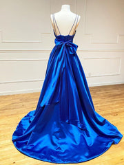 Royal Blue Satin A Line V Neck Long Prom Dresses With Bow Tie