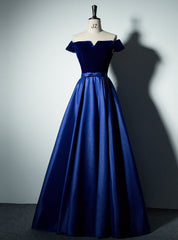 Royal Blue Satin Velvet Off the Shoulder Prom Dresses