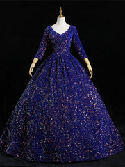 Royal Blue Sequins Long Sleeve V-neck Quinceanera Dresses