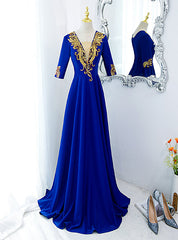 Royal Blue Short Sleeve Sequins Appliques Prom Dresses