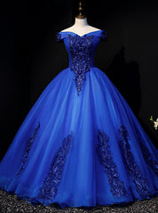 Royal Blue Tulle Appliques Off the Shoulder Beading Quinceanera Dresses