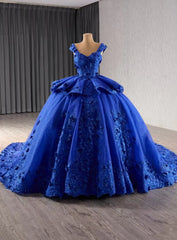 Royal Blue Tulle Appliques Prom Dresses