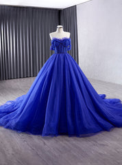 Royal Blue Tulle Off the Shoulder Prom Dresses