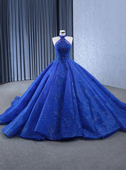 Royal Blue Tulle Sequins Beading Halter Prom Dresses