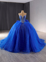 Royal Blue Tulle Spaghetti Straps Beading Prom Dresses